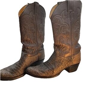 Vintage Justin Cowboy Boots Caiman Brown Leather Snip Toe Mens 9D